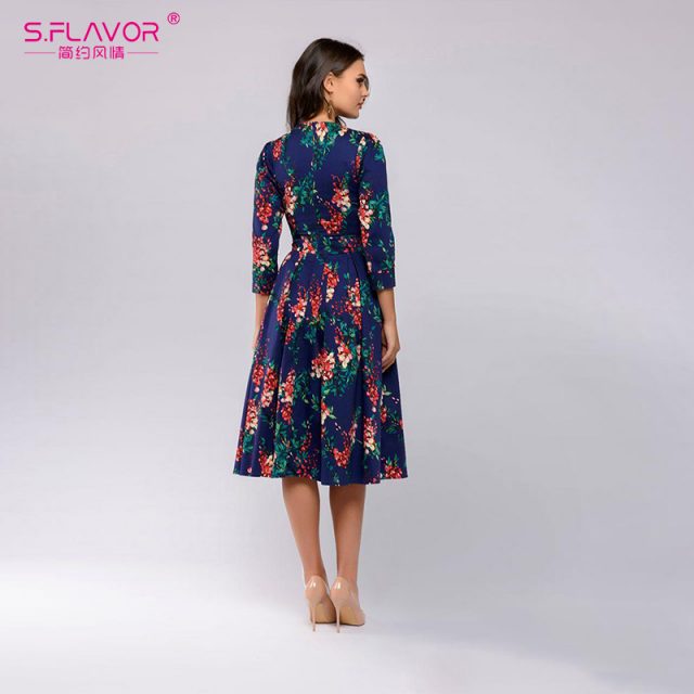 S.FLAVOR Brand Elegant Women A-line Dress New Style Flower printing Draped Middle Dress Women Casual autumn Winter Vestidos