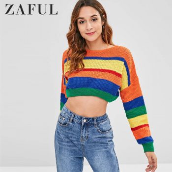 ZAFUL Dropped Shoulder Color Block Sweater O-Neck Elastic Waist Patchwork Loose Pullovers Streetwear Women Sweet Tops Autumn