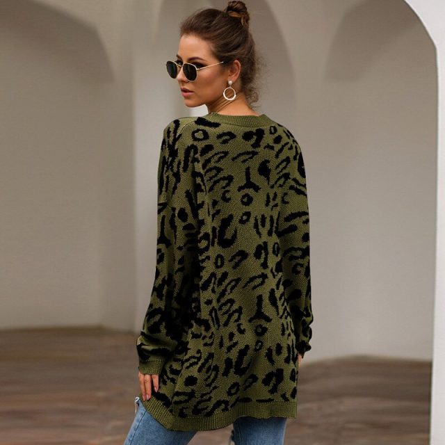 Lossky Women Knitted Sweater Tops Leopard Printed Long-sleeved Casual Antumn Spring Pullover Sweaters Loose Lady Streetwear 2019