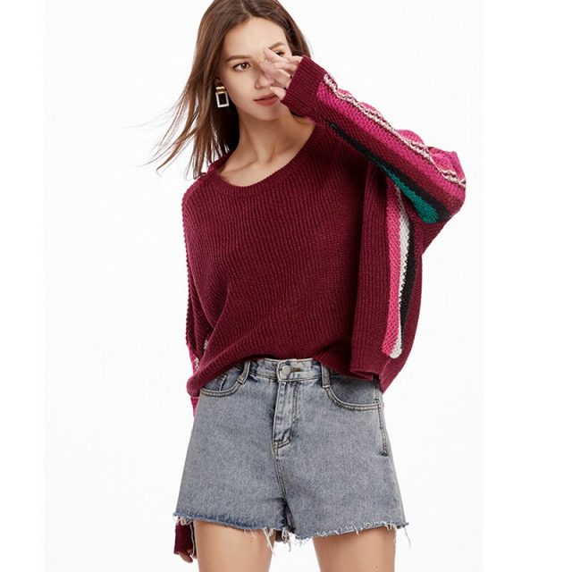 Lossky Women Sweaters Long Sleeve Stitching Color Auntumn Spring Casual Sweaters Loose White Red Wild Slim Pullover Tops Female