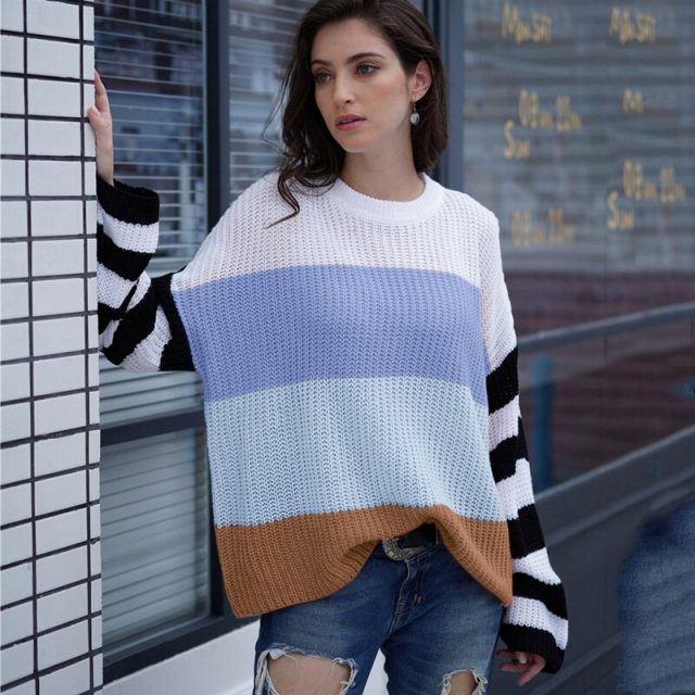 Lossky Sweater Women Long Sleeve 2019 Autumn Winter Tops Striped Patchwork Ladies Loose Knitting Pullovers Leisure Clothing 2019