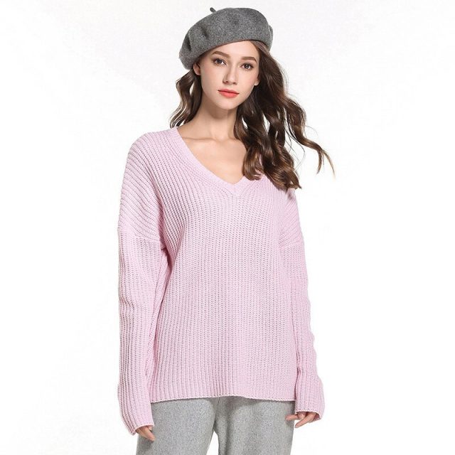 Lossky Knitted Sweater Women V Neck Long Sleeve Pullover Top New Autumn Winter Loose Pink Black Warm Clothing Female Simple 2019