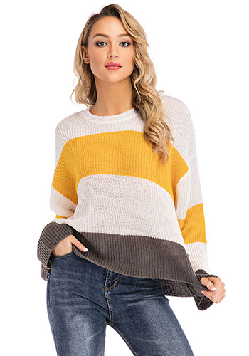 Long Sleeve Auntumn Spring Casual Stitching Large Size Elegant Lady Yellow Pullover Sweater