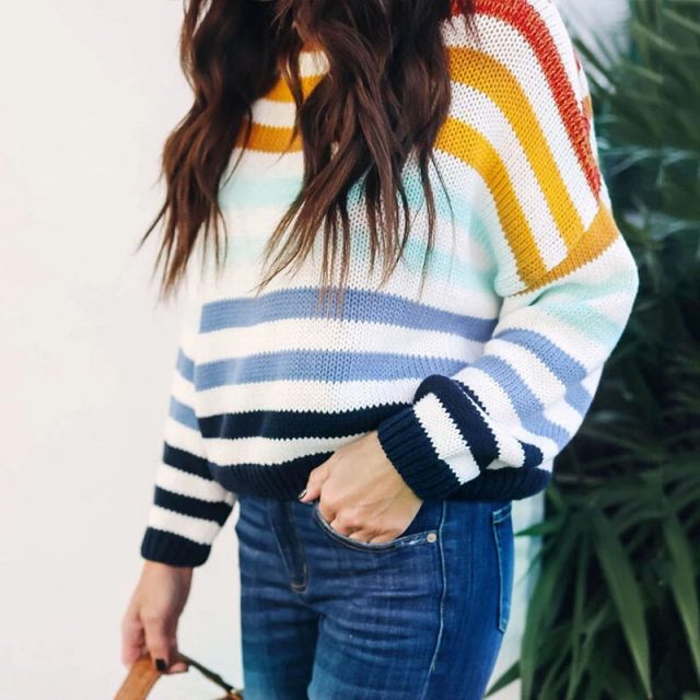 Lossky Women Sweaters Fashion Rainbow Striped Long Sleeve Pullovers Ladies Autumn Winter Knitted Top 2019 Loose Leisure Clothing