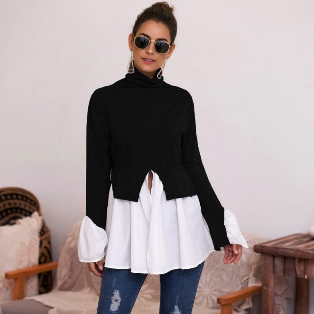 Lossky Shirts Women Top Long Sleeve Patchwork Blouse Autumn Turntlenck Clothing Front Slit Irregular Red Ladies Tunic Streetwear
