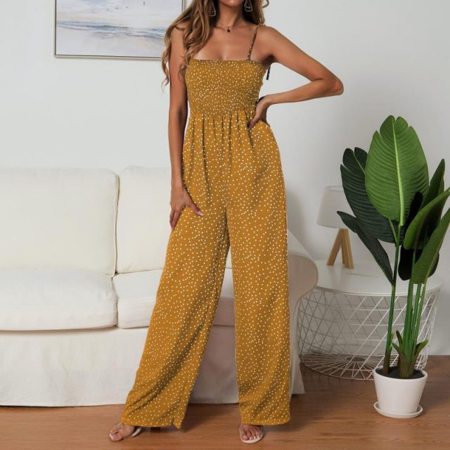 Lossky Rompers Womens Jumpsuit Polka-dot Print Bow-knot Straps Wide-leg Pants Jumpsuit Boho Chi Loose Long Red Summer Jumpsuits