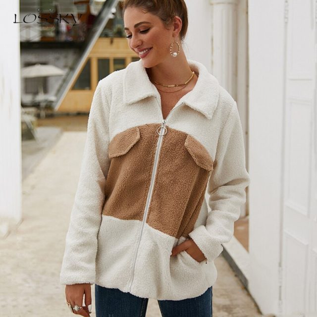 Lossky Jacket With Ears Women Plus Size Patchwork Clothing Loose Coats Flannel Teddy Plush Autumn Winter Ladies Outerwear 2019
