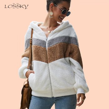Lossky Hoodie Sweatshirt Top Women Striped Patchwork Jacket Long Sleeve Plush Outwear Female Autumn Winter Ladies Warm Clothing