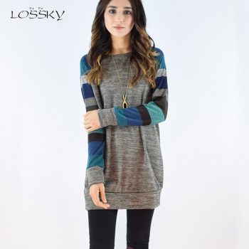 Lossky Dress O Neck Long Sleeve Autumn Women Striped Color Stitching fashion Casual Loose Ladies Black Simple Jumper Dress 2019