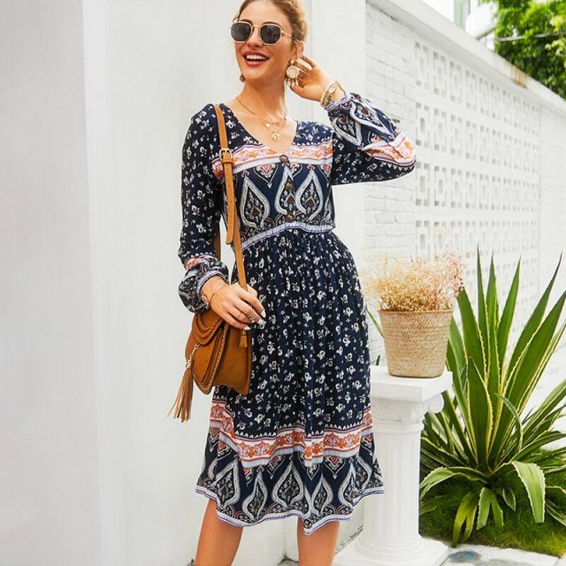 Lossky Dress Boho Style Women Long Sleeve Autumn Fashion Print V Neck Clothing With Buttons Ladies Loose Knee Dress Elegant 2019