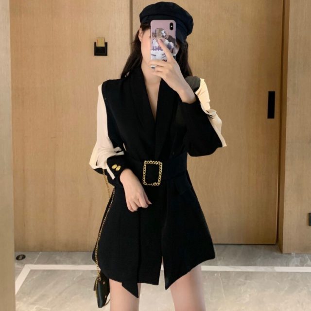 Women Chic Hit Color Blazer Elegant Sashes Tops Long Style Double Breasted Long Sleeve Slim Coat Female Casual Outerwear