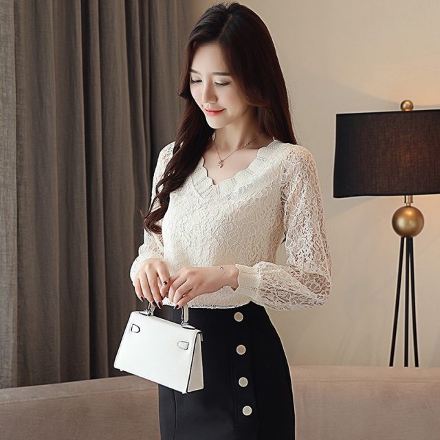 New Fashion Elegant Casual Women Blouse Solid Women Tops Lace Long Sleeve V-neck Women Clothing Autumn Korean Style 5958 50