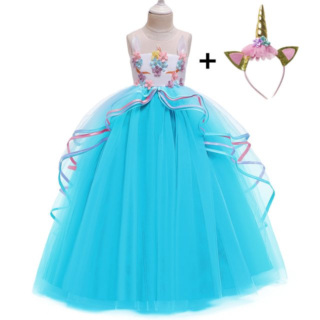 Rainbow Unicorn Cosplay Girl Dress Party Elegant Flower Lace Long Tutu Formal Ball Gown Princess Baby Dresses 5 7 8 12 14 Years
