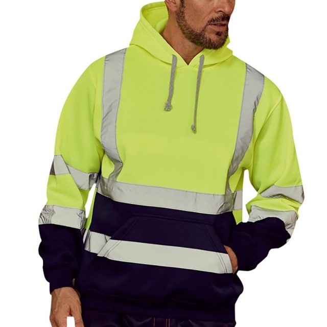Hoodies Male Reflective Sportswear Men’s Jacket Road Work High Visibility Pullover Long Sleeve Tops Coat Clothes Streetwear#F5