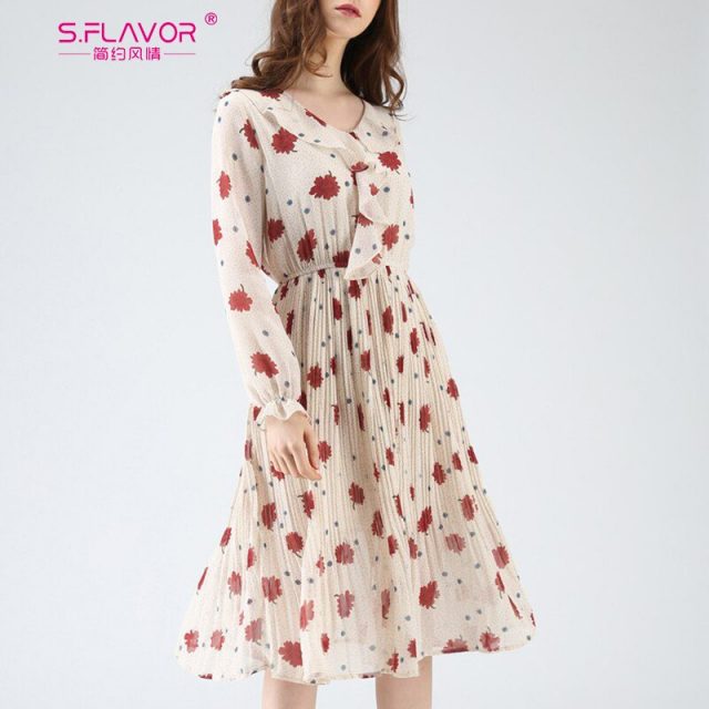 S.FLAVOR Floral Printed Chiffon Casual Dress For Women Elegant V-neck Pleated A-line Dress Spring Autumn Fashion Vestidos