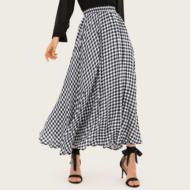 Spring And Summer Printed High Waist A-line Skirts Women 2019  Ruffles Casual Plaid Long Skirts Womens Maxi Skirt Women