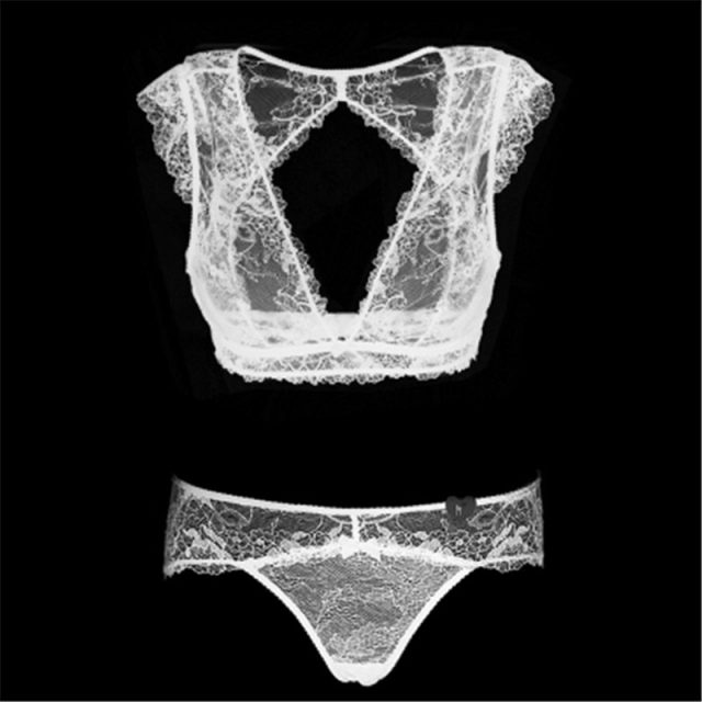 Varsbaby Ladies Hollow Transparent Lace Sexy Underwear Deep V Vest Wire Free Bra Sets