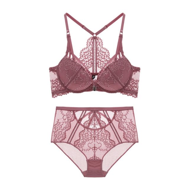 Varsbaby women’ sexy floral lace front closure underwear Y-line straps bra sets