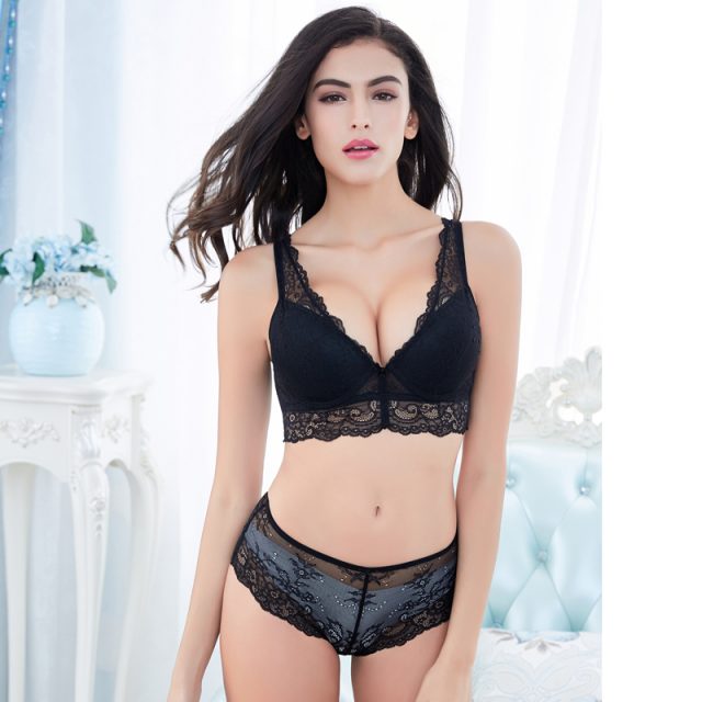 Varsbaby new women’s sexy deep v underwear floral lace push up cotton cup bra sets