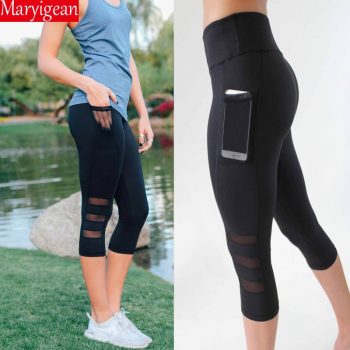 Maryigean Women Legging Patchwork Mesh Black Capri Leggings Plus Size Sexy Fitness Sporting Pants with Pocket Mid-Calf Trousers