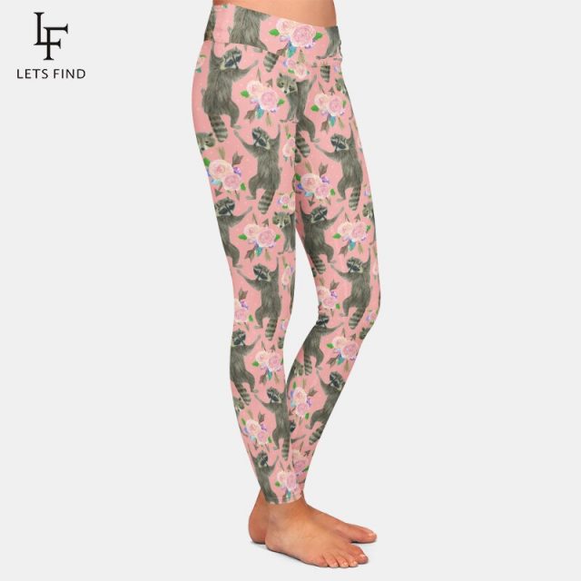 LETSFIND New 3D Cartoon Raccoon and Flowers Printing Pink Pants Fashion High Waist Women Comfortable Casual Legging Plus Size