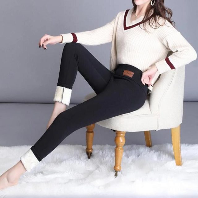 Winter Warm Thick Cashmere Pants Leggings High Waist Stretchy Soft for Outdoor Women IK88