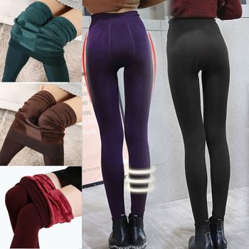 Women Fleece Lining Leggings Solid Color Full Length High Waist Tummy Control Pants for Winter IK88
