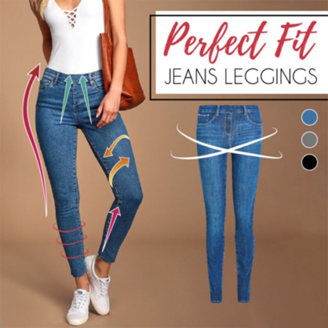 Women Fake Denim Jeans Leggings Push Up High Waist Slim Stretch Pencil Pants IK88