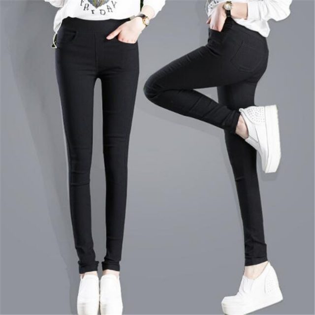 WKOUD 2019 Sexy Solid Pencil Pants Women’s Full Length Leggings High Waist Stretch Trousers Female Casual Wear Black White P8823
