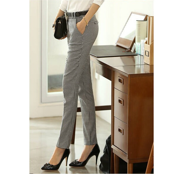 2019 Spring Summer Autumn Women Slim Casual Pants Work Wear Career Houndstooth Pants Straight Pencil Pants Women trousers female