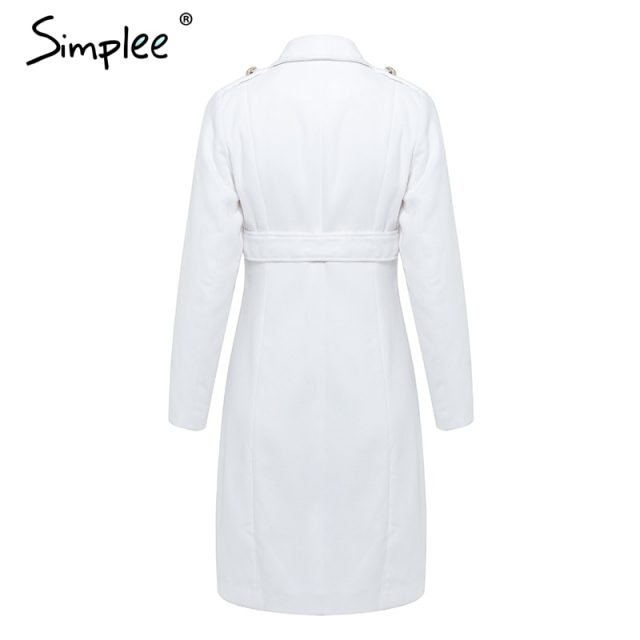 Simplee Vintage double breasted white trench coat for women Sashes slim long trench female Winter office solid trench dress