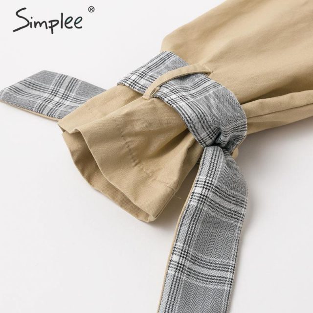 Simplee Turn down collar stitching women trench coat Vintage plaid autumn winter sash long outwear Belted pocket ladies overcoat