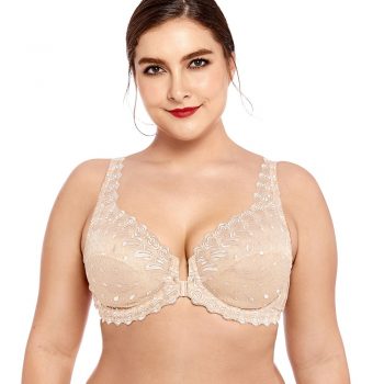 Women's Lace Front Close Unlined Plus Size Support Embroidered  Underwired Bra