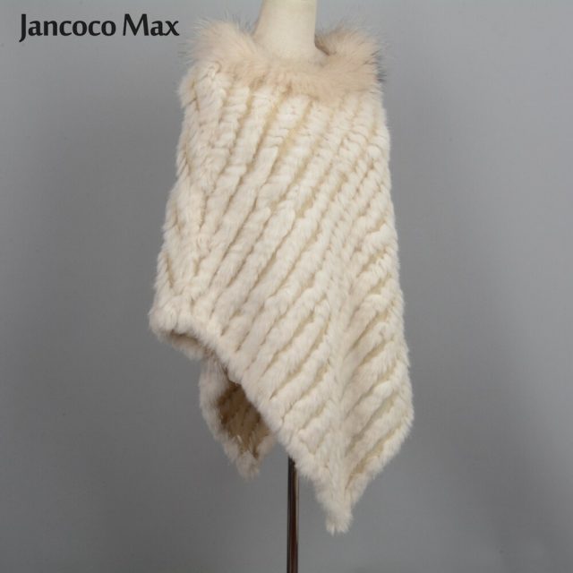 Jancoco Max 2019 New Arrival Real Rabbit Fur Knitted Poncho Raccoon Fur Collar Shawls Women Winter Capes Pullover S7110