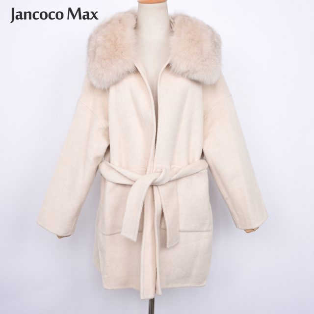 Women’s Fashion Real Wool Coats Fox Fur Collar Genuine Cashmere Fur Jackets Hooded Outerwear S7494