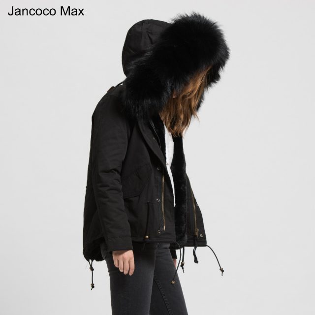 Jancoco Max 2019 Detachable Black Parker Jacket  Genuine Raccoon Big Collar Trim Winter Top Warm Fur Lined Hooded Coat B1722