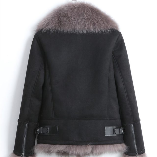 rf0210 Real Fox Fur Shearling Jacket Women Natural Fox Fur with Faux Leather Jacket Fashion Motorcycle Leather Coat