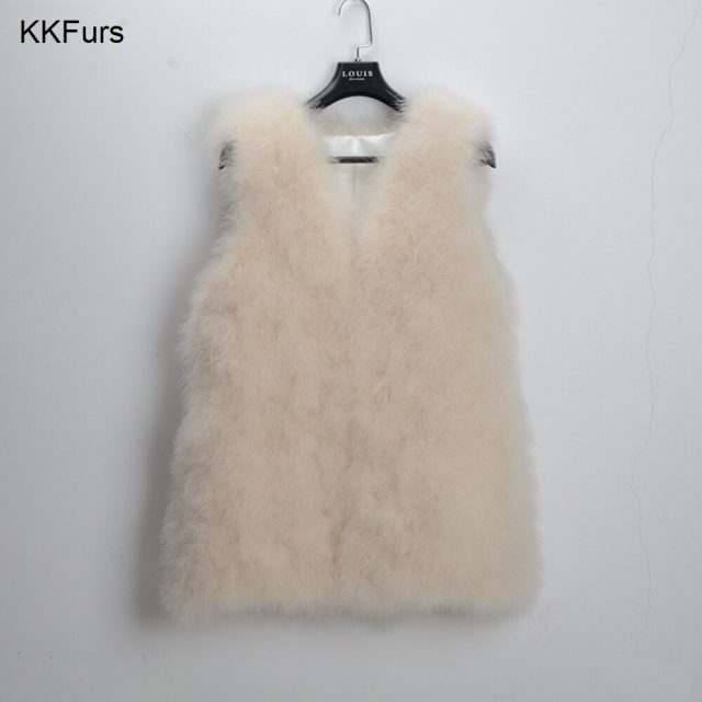 JKKFURS New Fashion Women Gilet Genuine Ostrich / Turkey Feather Fur Long Vest Women Winter Warm Fur Jacket S1007