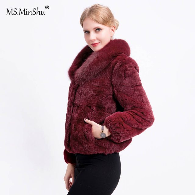 MS.MinShu Women Real Fur Coat Fox Fur Collar Rex Rabbit Fur Coat Full sleeves Lady’s Real Fur Jacket Women Winter Coat
