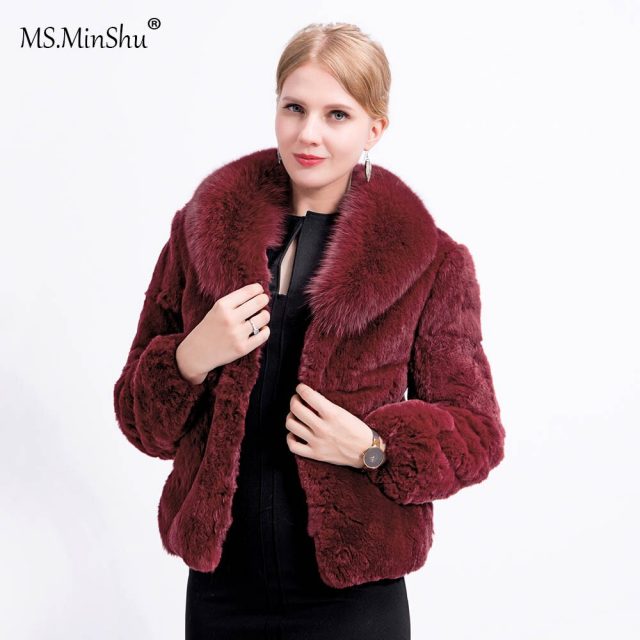 MS.MinShu Women Real Fur Coat Fox Fur Collar Rex Rabbit Fur Coat Full sleeves Lady’s Real Fur Jacket Women Winter Coat