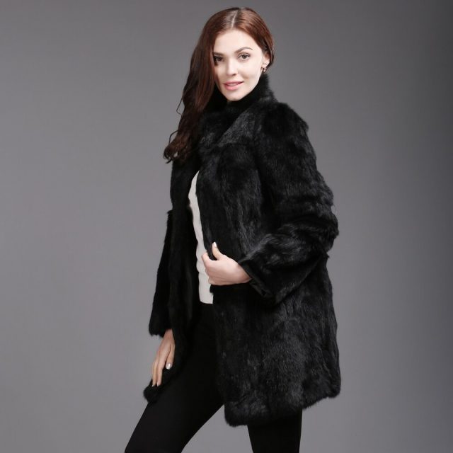 2019 Winter Genuine Full Pelt Real Rabbit Fur Jacket Women Design Rabbit Fur Coat Standing Collar Slim Real Rabbit Fur Overcoat