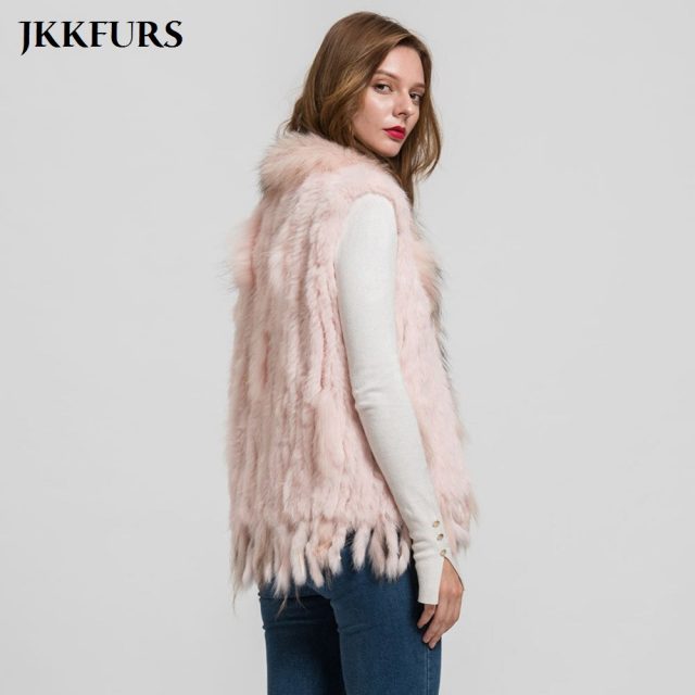 Women’s Knitted Gilet Rabbit Real Fur Vest Raccoon Fur Collar Lady Winter Warm Fur Fashion Top Quality Waistcoat Ladies S1700