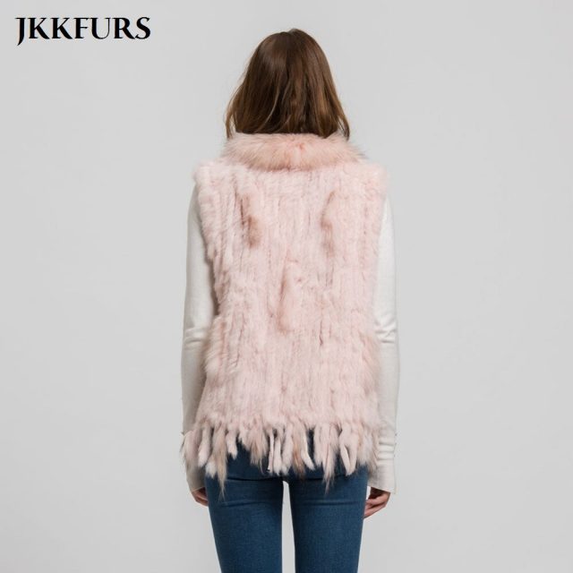 Women’s Knitted Gilet Rabbit Real Fur Vest Raccoon Fur Collar Lady Winter Warm Fur Fashion Top Quality Waistcoat Ladies S1700