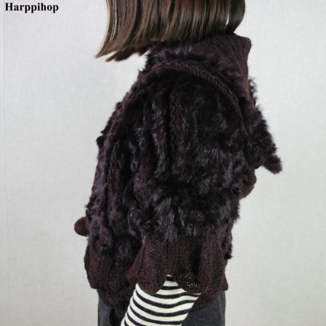 Knitted Solid Real Rabbit Fur O-Neck With Hooded Women And Girls Natural Fur Waistcoat Outerwear Jacket  wholesale harppihop