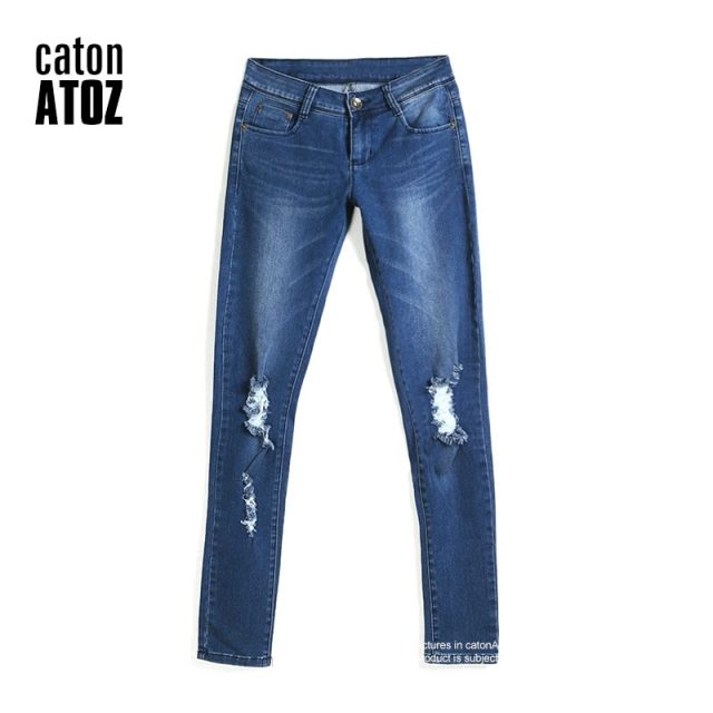 catonATOZ 1884 New Hot Fashion Ladies Cotton Denim Pants Stretch Womens Bleach Ripped Knees Skinny Jeans Denim Jeans For Female