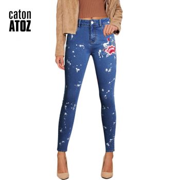 catonATOZ 2108 Women's Vintage Flower Embroidery Jeans Pencil Stretch Denim Pants Female Skinny Trousers Woman High waist Jeans