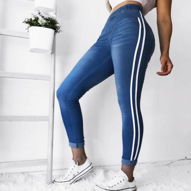 2019 New Striped Jeans Women’s Plus Size S-5XL  Elasticity Waist Pencil Pants Trousers Red Stripes Small Stretch Jeans Hot