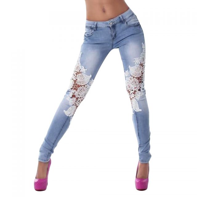 woman jeans high waist 2019 NEW Women Ladies Lace Stitching Jeans Skinny Pencil Pants Denim Trousers free shipping 9.18