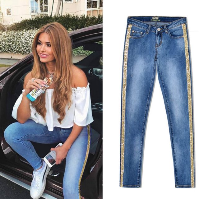 2019 Spring New Low Waist Metal Side Stripe Jeans Women Cotton Denim Slim Skinny Pencil Pants Mujer Embroidered Sequins Trousers