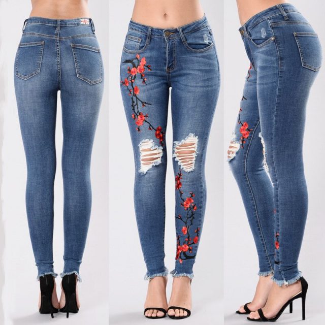 Women Embroidery Jeans Pants Skinny Ripped High Waist Stretch Pencil Denim Trousers NGD88